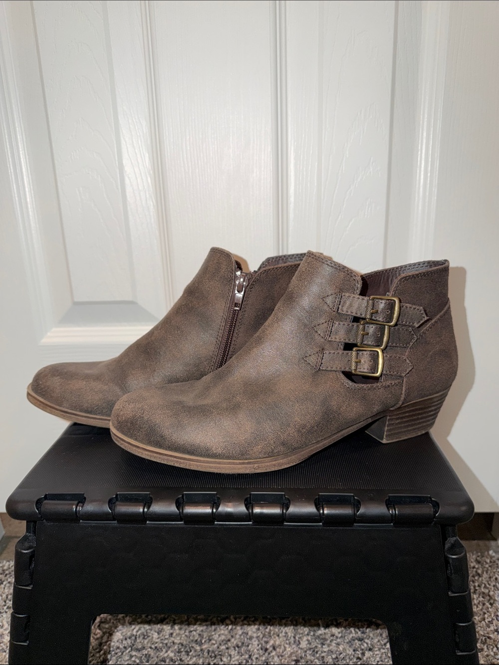Women's Brown Faux-Leather Buckle Ankle Booties